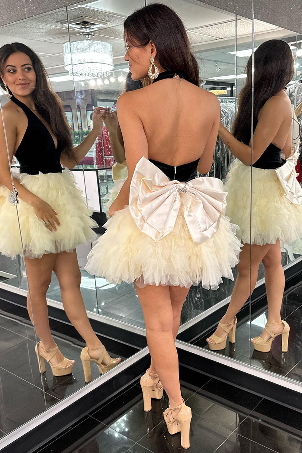 Ivory Homecoming Dresses A Line Halter Tiered Short Cocktail Dresses With Bow