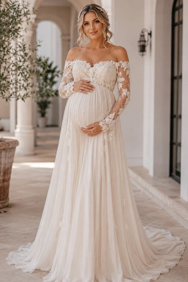 Ivory Lace A Line Maternity Wedding Dress with Off Shoulder Long Sleeves