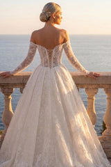 Ivory Lace A Line Wedding Dress with Long Sleeves and Off Shoulder Neckline