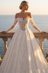Ivory Lace A Line Wedding Dress with Long Sleeves and Off Shoulder Neckline