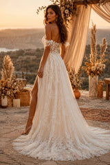 Ivory Lace A Line Wedding Dress with Side Slit and Off Shoulder Sleeves