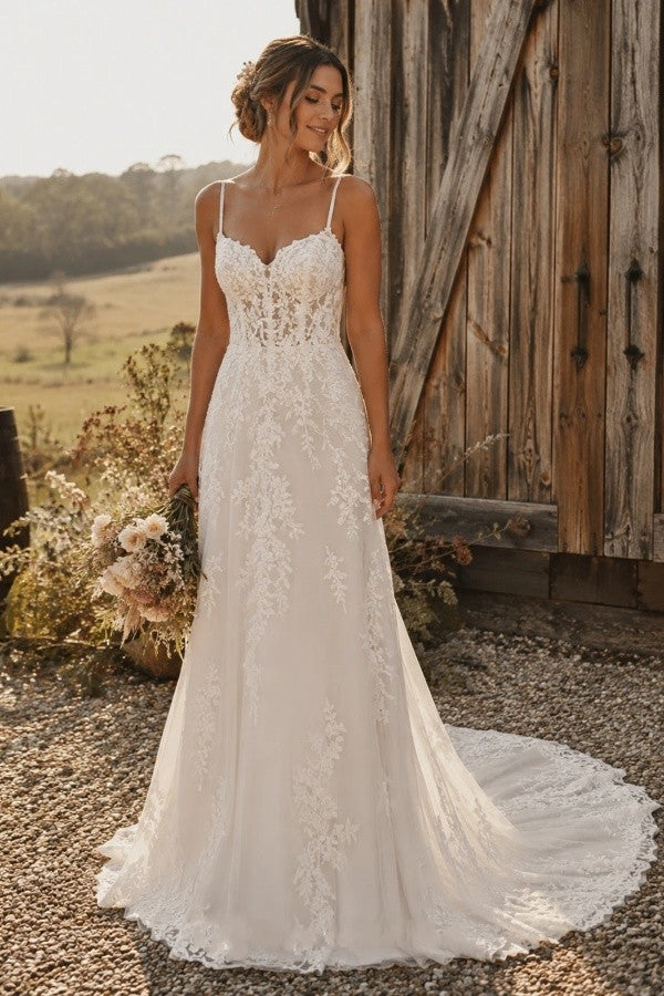 Ivory Lace A Line Wedding Dress with Spaghetti Straps and Sheer Corset Bodice