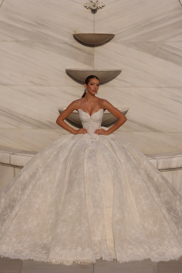 Ivory Lace Ball Gown Wedding Dress with Pearl Beaded Corset Bodice