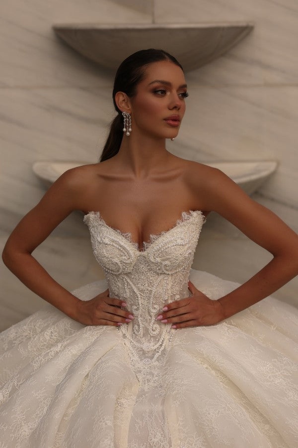 Ivory Lace Ball Gown Wedding Dress with Pearl Beaded Corset Bodice