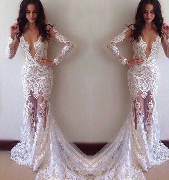 Ivory Long Sleeve Lace Appliques Mermaid Tulle Wedding Dress