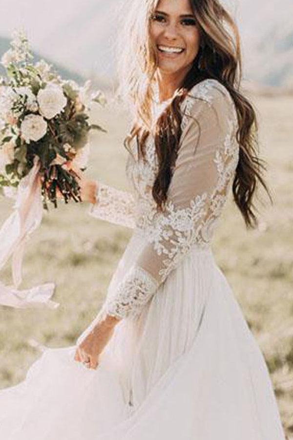 Ivory Long Sleeves Wedding Dress Tulle Lace A Line Bridal Dress