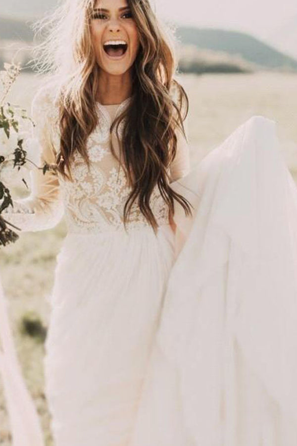 Ivory Long Sleeves Wedding Dress Tulle Lace A Line Bridal Dress