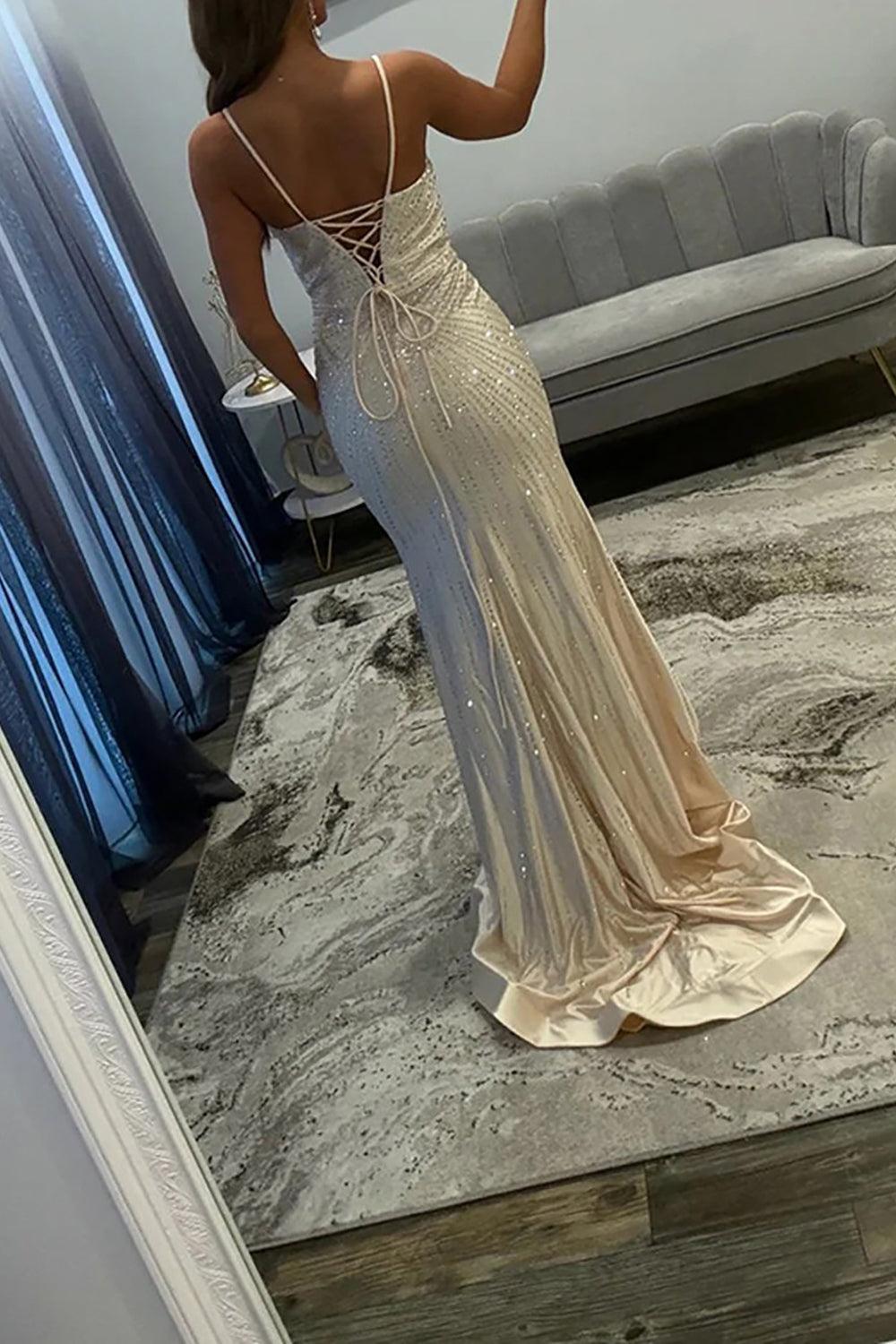 Ivory Mermaid Prom Dress Beaded Satin Spaghetti Straps Long Formal Dress With Slit