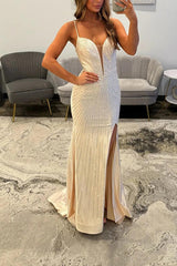 Ivory Mermaid Prom Dress Beaded Satin Spaghetti Straps Long Formal Dress With Slit