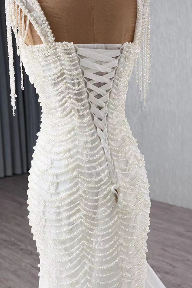 Ivory Mermaid Wedding Dress Tulle Bridal Dress with Imitation Pearls