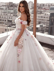 Ivory Off The Shoulder Wedding Dress Ball Gown Tulle Bridal Dress with 3D Flowers