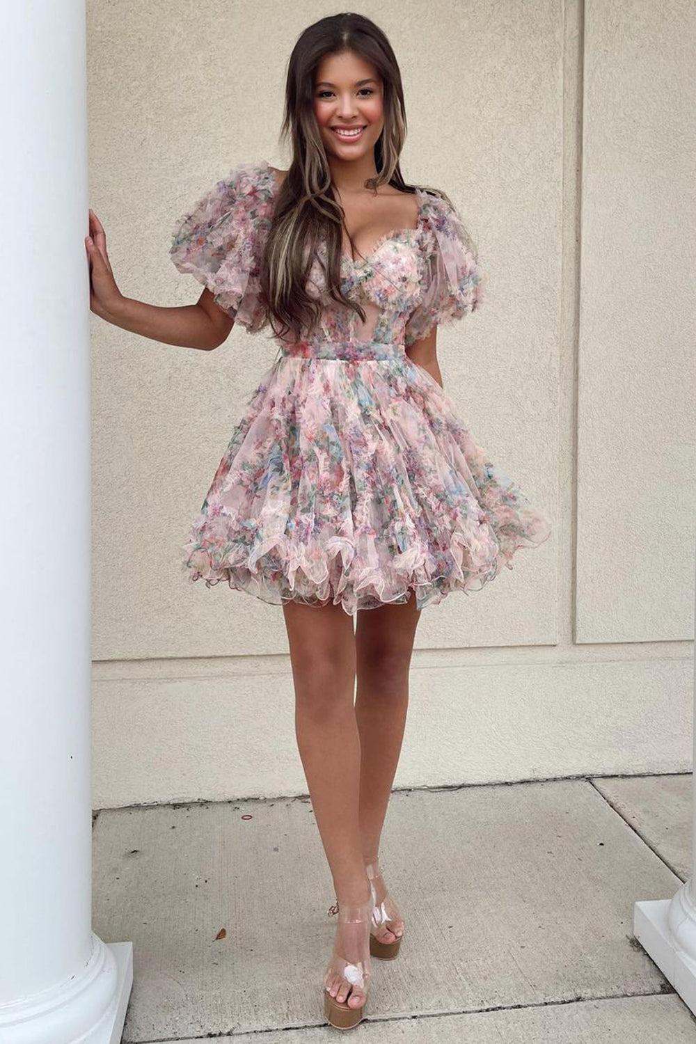 Ivory Off-the-Shoulder A-Line Printed Short Homecoming Dress