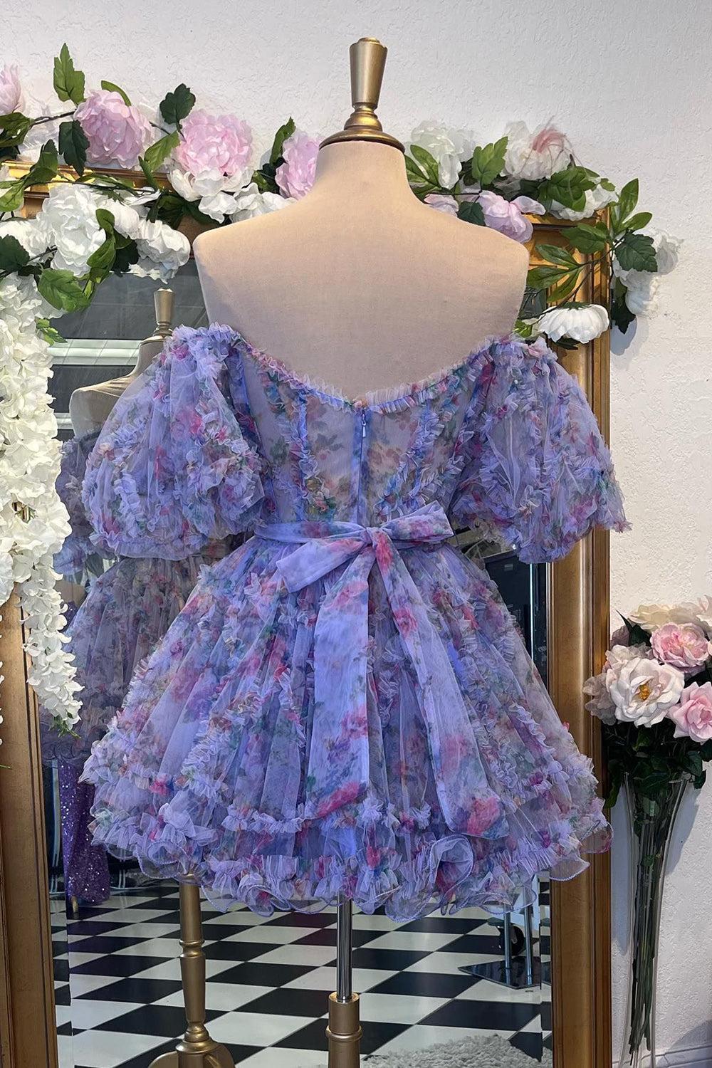 Ivory Off-the-Shoulder A-Line Printed Short Homecoming Dress