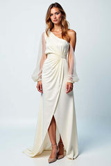Ivory One Shoulder Long Formal Dress With Long Sleeves