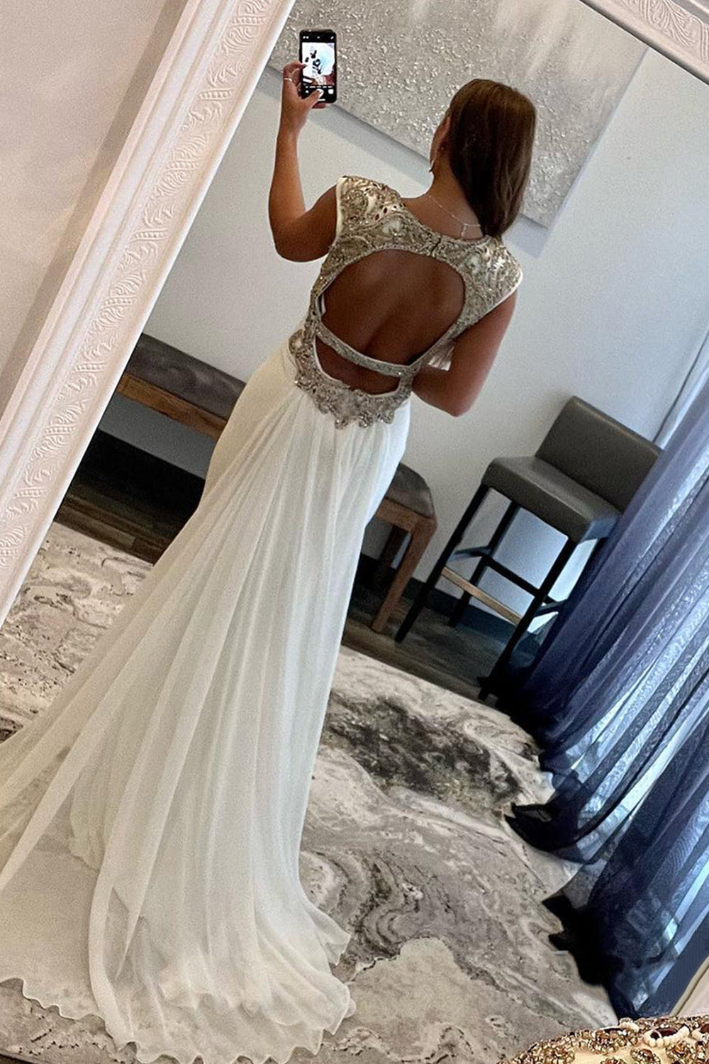 Ivory Prom Dress Deep V Neck Backless Evening Dress with Beading