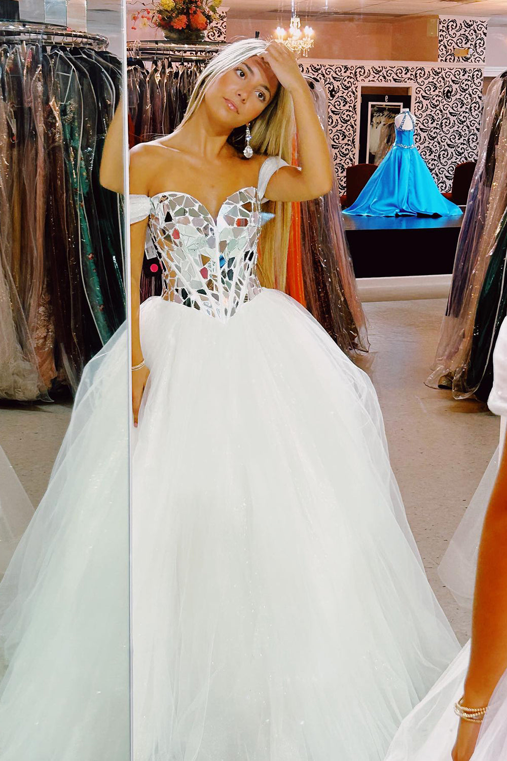 Ivory Prom Dress Mirror A Line Off the Shoulder Long Evening Dress