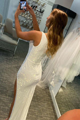 Ivory Prom Dress One Shoulder Sequined Evening Dress with Slit