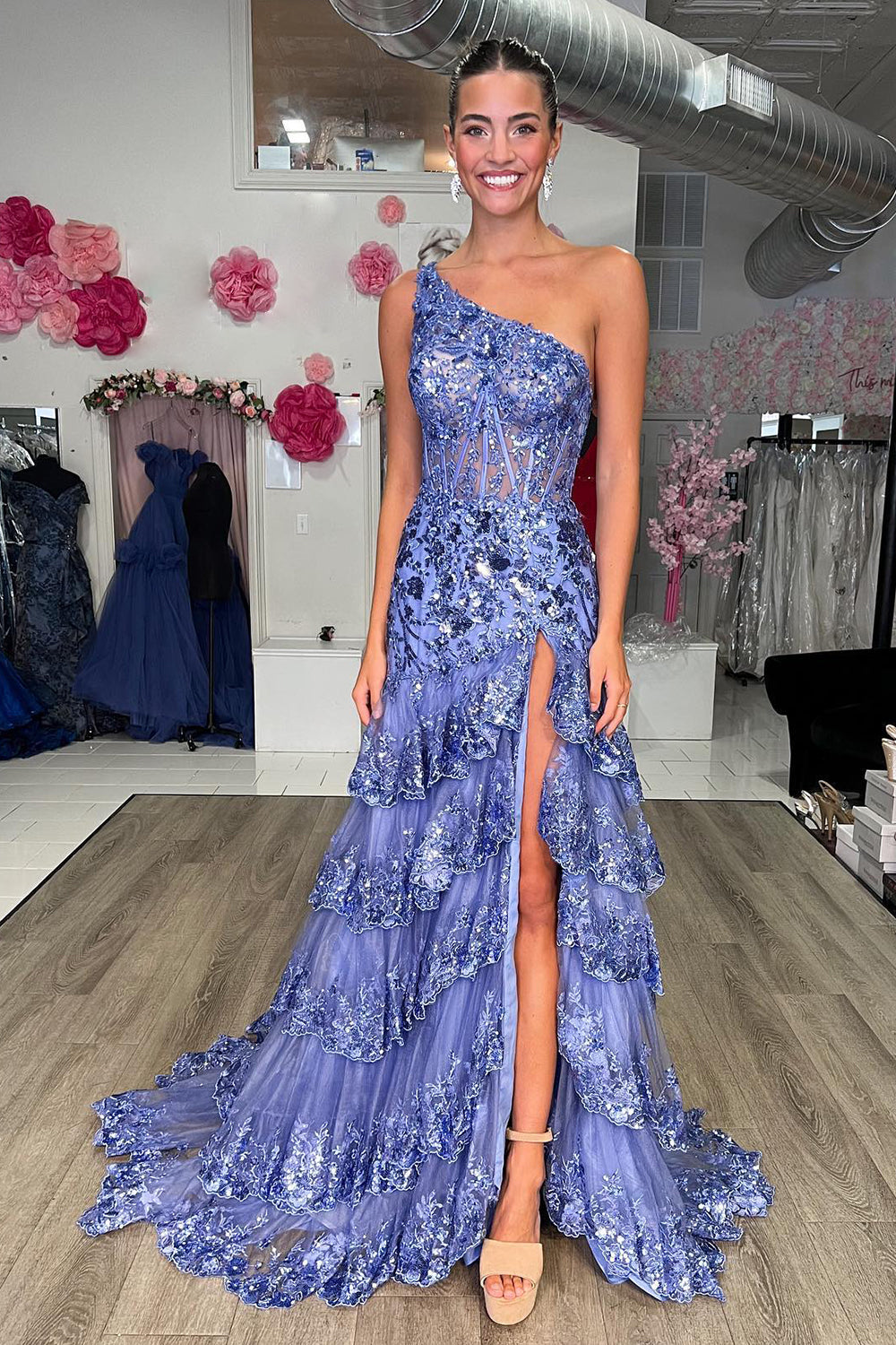 Ivory Prom Dress One Shoulder Tiered Lace Long Evening Dress with Slit