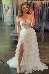 Ivory Prom Dress Straps Floral Sequined Tiered Long Evening Dress With Split