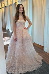 Ivory Prom Dress Tulle Ruffle Layers A Line Long Evening Dress