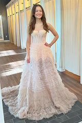 Ivory Prom Dress Tulle Ruffle Layers A Line Long Evening Dress
