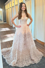Ivory Prom Dress Tulle Ruffle Layers A Line Long Evening Dress