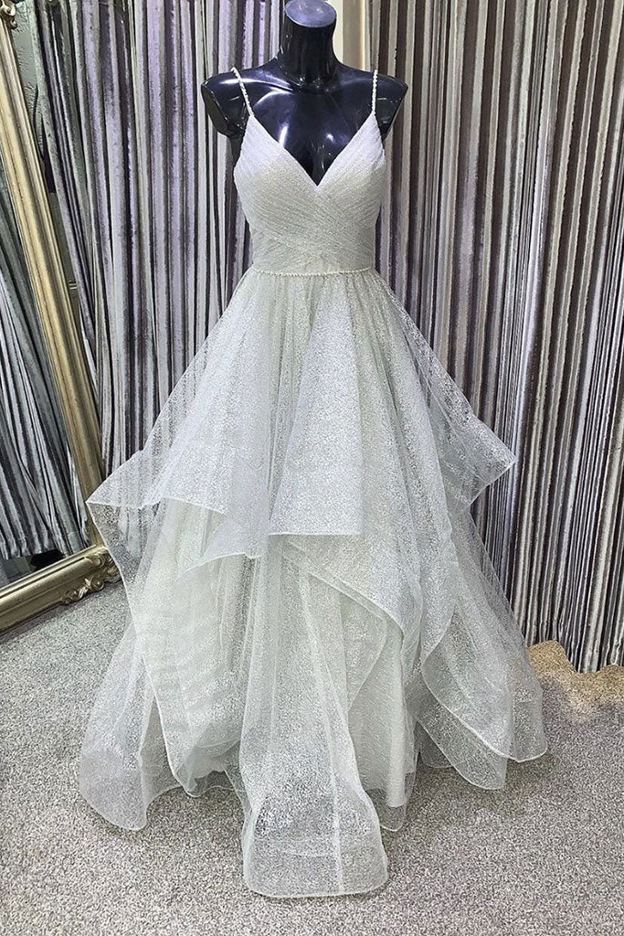 Ivory Prom Dress V Neck Tulle Sequin Long Evening Dress