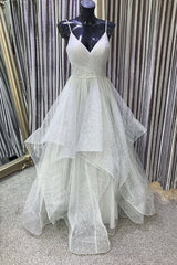 Ivory Prom Dress V Neck Tulle Sequin Long Evening Dress