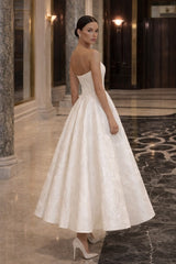 Ivory Satin A Line Tea Length Wedding Dress with Floral Jacquard