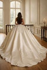 Ivory Satin Ball Gown Wedding Dress with Lace Corset Bodice and Sweetheart Neckline