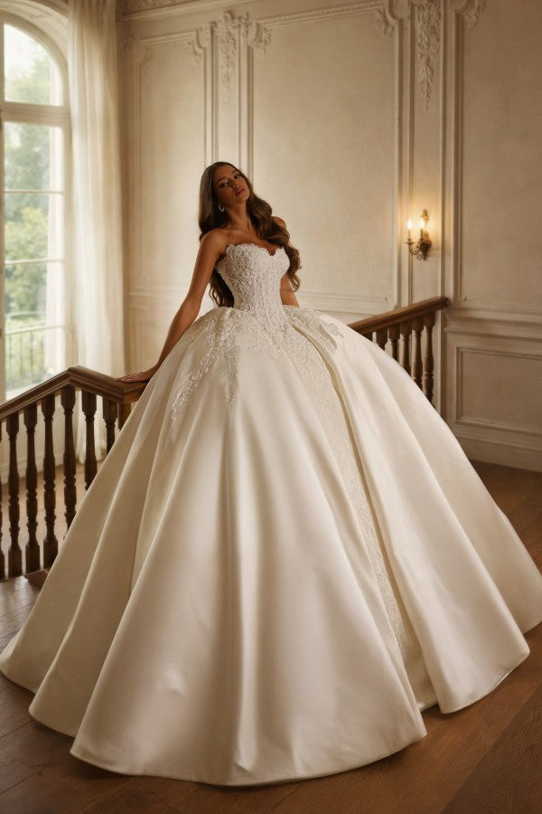 Ivory Satin Ball Gown Wedding Dress with Lace Corset Bodice and Sweetheart Neckline