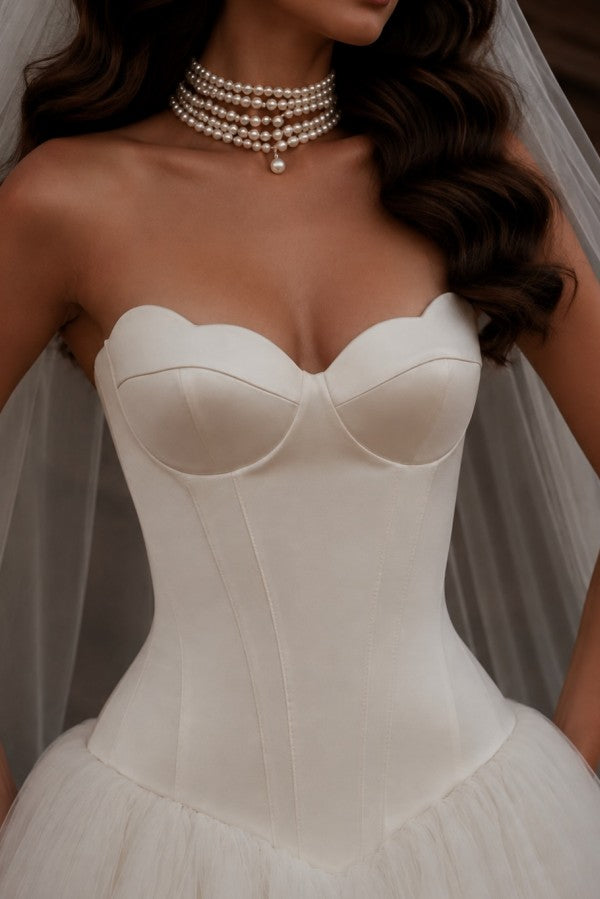 Ivory Satin and Tulle Ball Gown Wedding Dress with Corset Bodice