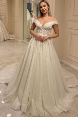 Ivory Sparkly Tulle A Line Wedding Dress with Off Shoulder Straps and 3D Flowers