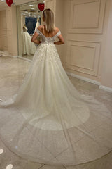 Ivory Sparkly Tulle A Line Wedding Dress with Off Shoulder Straps and 3D Flowers