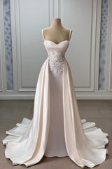 Ivory Sweetheart Spaghetti Strap Sleeveless Beaded Panel Train Ruffle Long Satin Bridal Gown