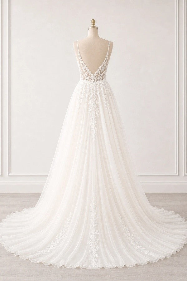 Ivory Tulle A Line Wedding Dress with Plunging V Neck and High Slit