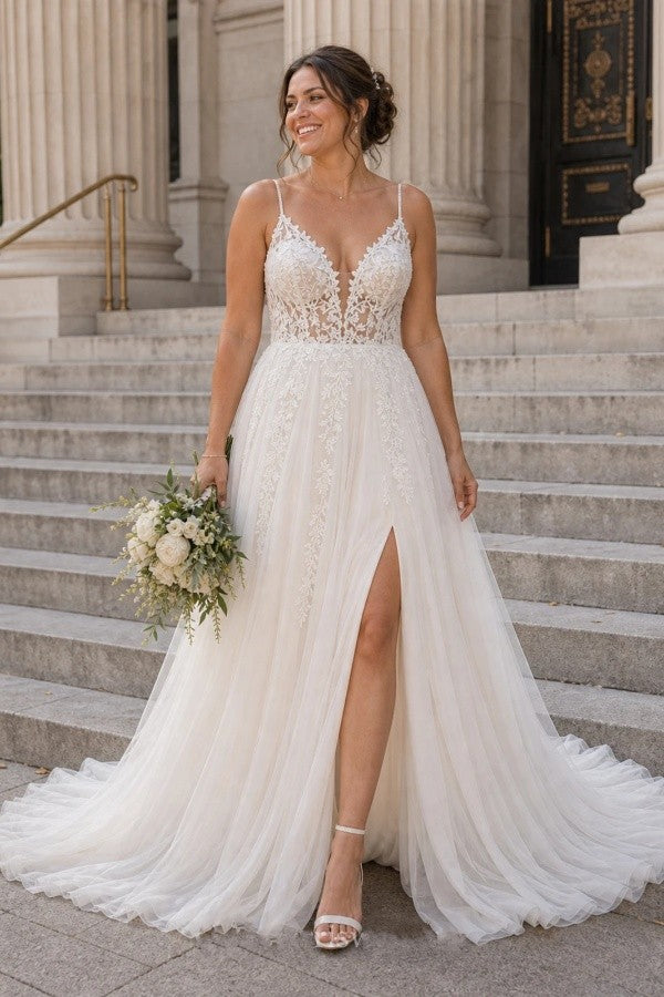 Ivory Tulle A Line Wedding Dress with Plunging V Neck and High Slit