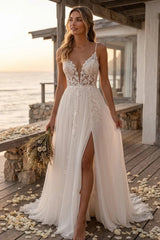 Ivory Tulle A Line Wedding Dress with Plunging V Neck and High Slit