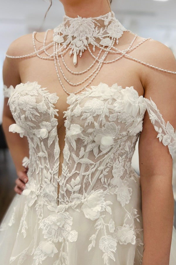 Ivory Tulle A Line Wedding Dress with Puff Sleeves and 3D Floral Lace