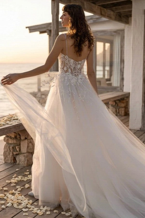 Ivory Tulle A Line Wedding Dress with Sheer Lace Corset and Spaghetti Straps