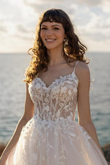 Ivory Tulle A Line Wedding Dress with Sheer Lace Corset and Spaghetti Straps