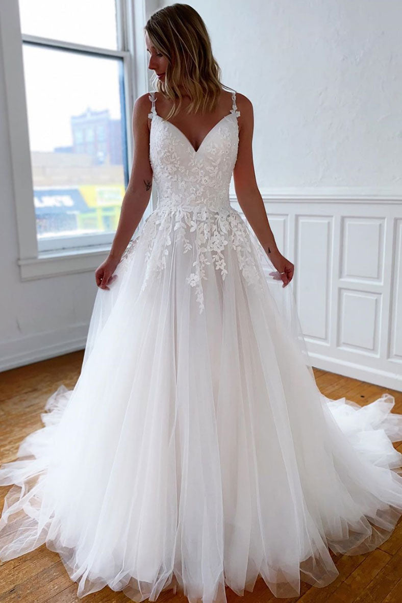 Ivory V Neck Tulle Lace Long Bridal Gown Evening Dress