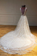 Ivory V Neck Wedding Dress Tulle Lace Appliqued Bridal Gown