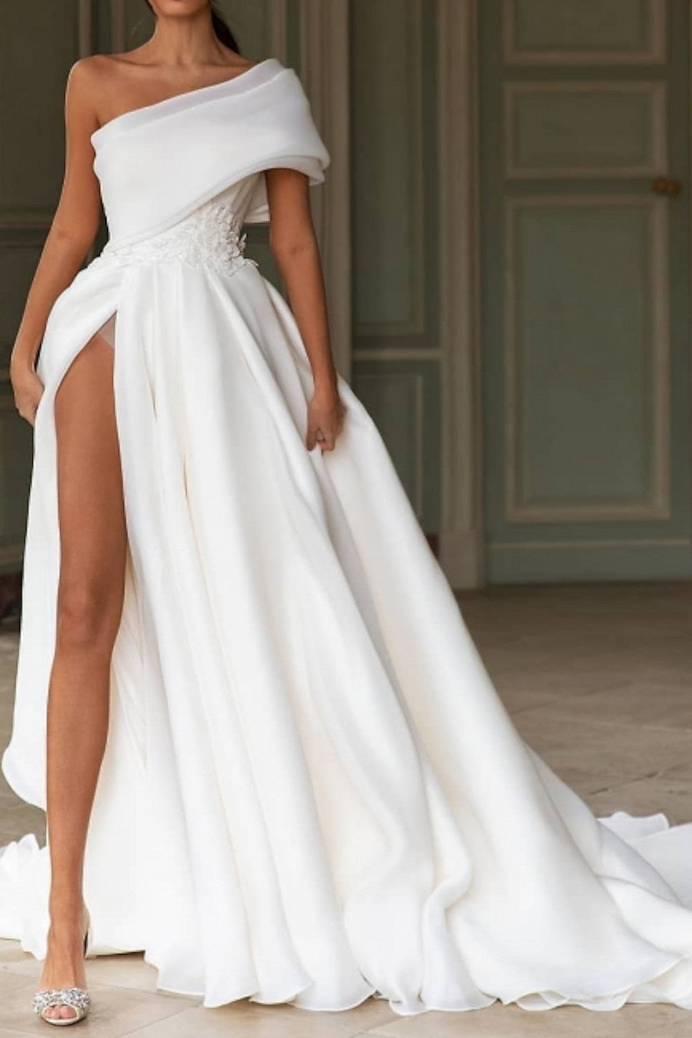 Ivory Wedding Dress A-Line One Shoulder Bridal Dress