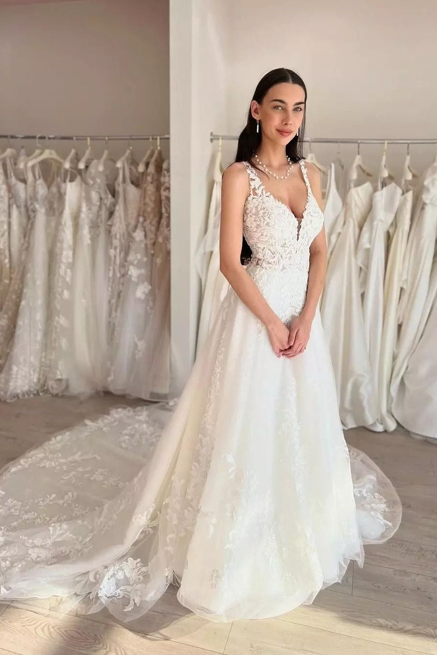 Ivory Wedding Dress A Line V Neck Tulle Appliques Bridal Dress with Sweep Train