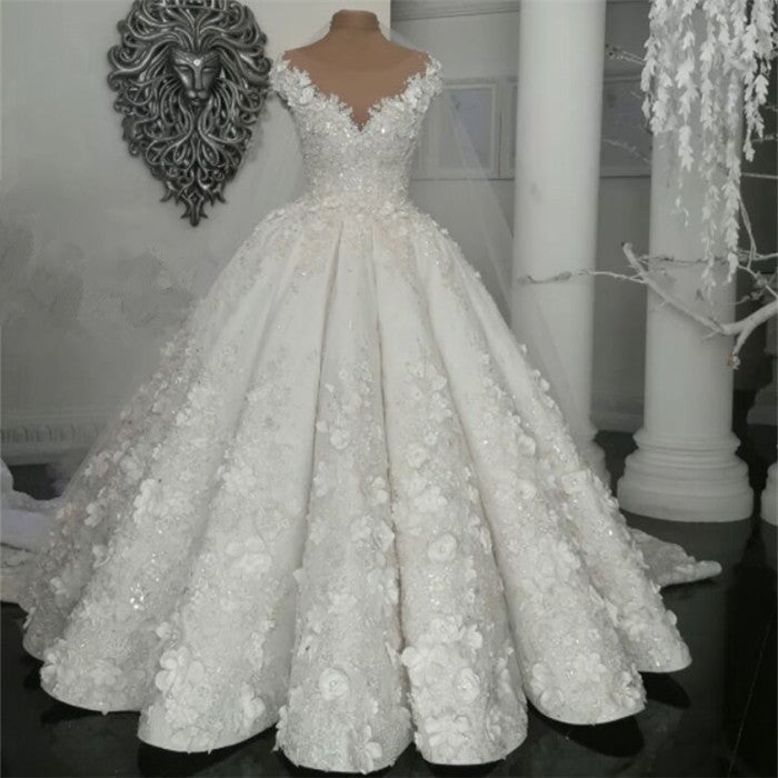 Ivory Wedding Dress Crew Neck Ball Gown Bridal Dress with Court Train