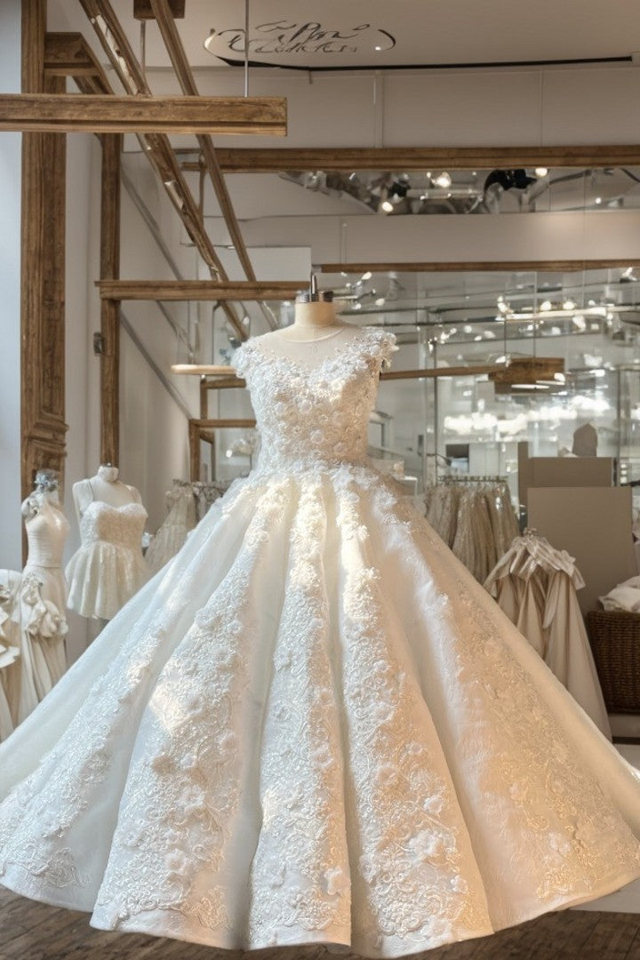 Ivory Wedding Dress Crew Neck Ball Gown Bridal Dress with Court Train