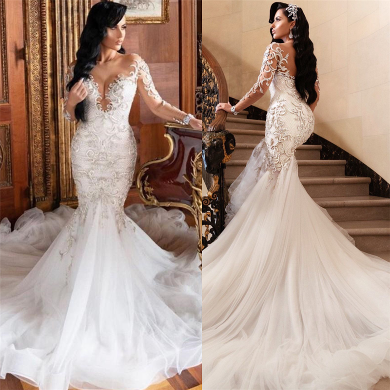 Ivory Wedding Dress Mermaid Long Sleeves Tulle Applique Bridal Dress