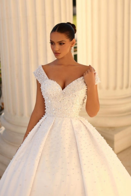 Ivory Wedding Dress Off the Shoulder Ball Gown Sequined Bridal Dress with Sweep Train