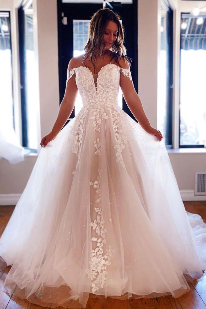 Ivory Wedding Dress Off the Shoulder Lace Long Bridal Dress